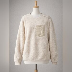 Uniqlo Ivory Sherpa Crewneck with Contrast Chest Pocket